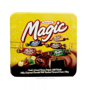 شکلات مجیک Magic کاکائویی با رنگ های مختلف وزن 700 گرم قوطی زرد