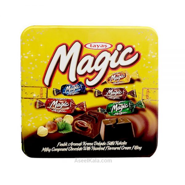 شکلات مجیک Magic کاکائویی با رنگ های مختلف وزن 700 گرم قوطی زرد